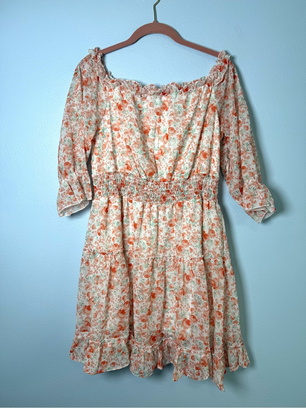 Floral Off-Shoulder Smocked Waist Dress in Peach
